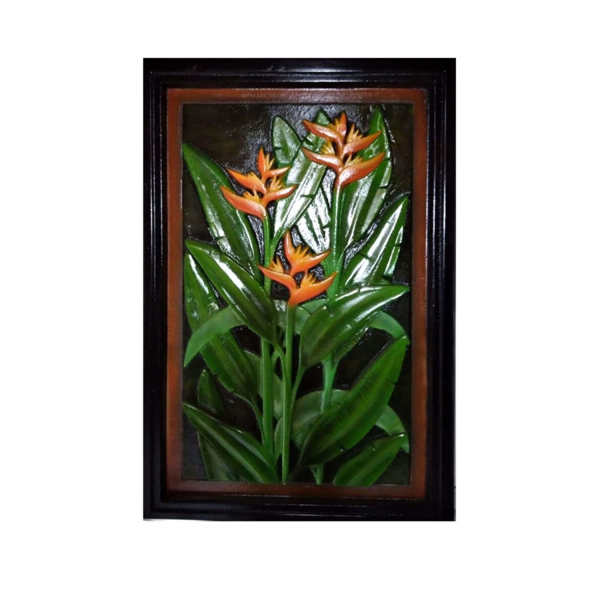 heliconias, talladas en madera.