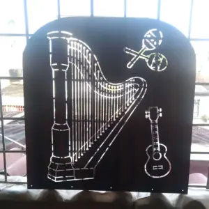 arpa, cuatro y capachos, cuadro en metal corte laser